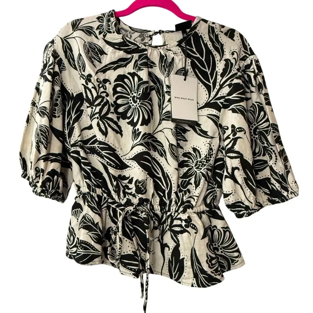 Who What Wear Blouse Women’s Size XS Black White Keyhole Back New NWT Linen - Picture 1 of 8